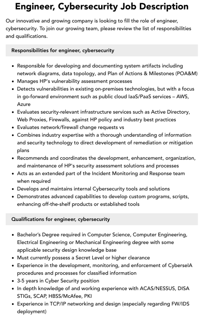 cybersecurity job descriptions Niche Utama Home Engineer, Cybersecurity Job Description  Velvet Jobs
